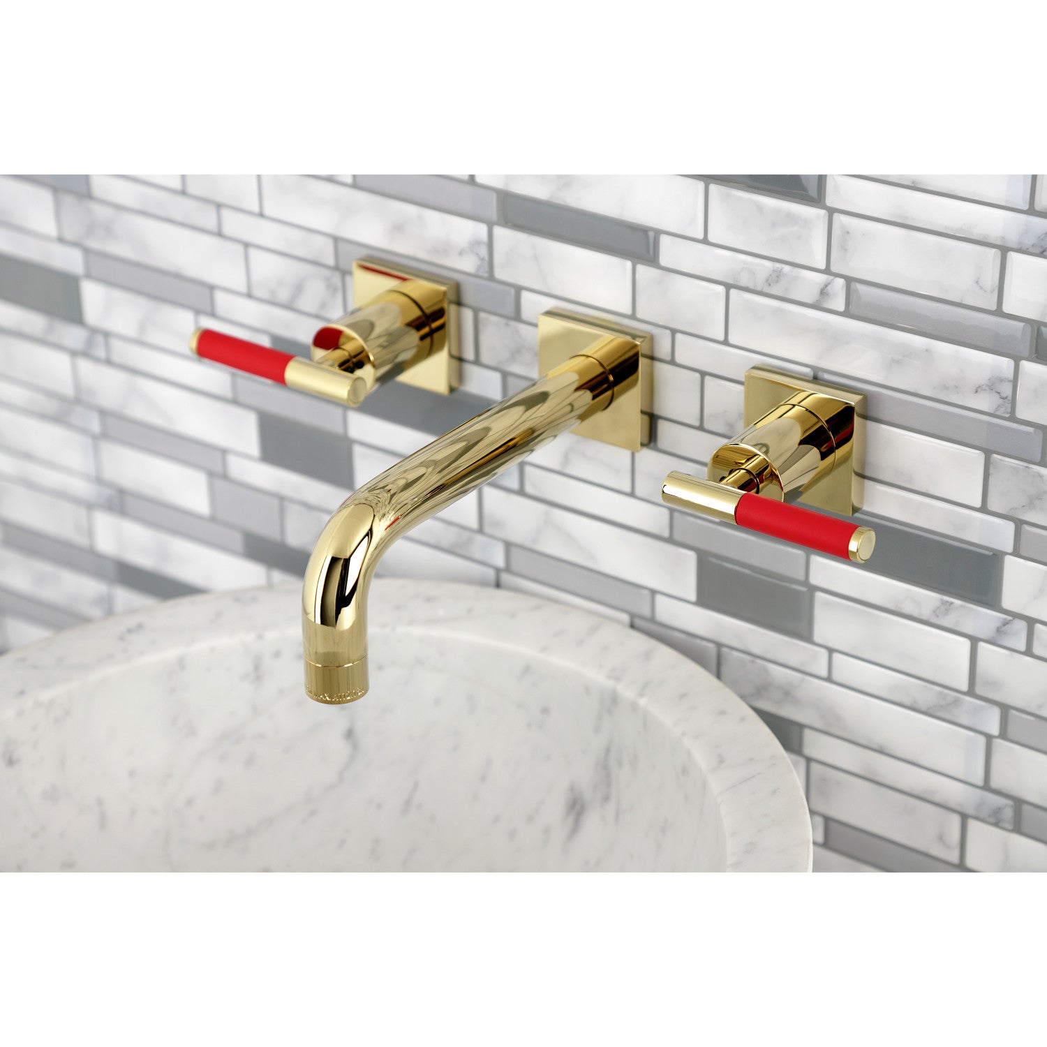 Kingston Sona KS6122CKL - Kaiser Double-Handle 3-Hole Wall Mount Bathroom Faucet, Polished Brass — thumbnail 3